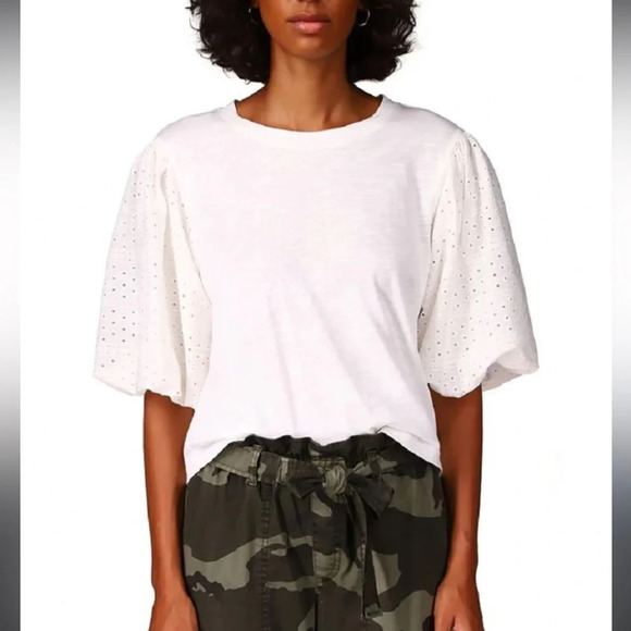 Sanctuary White Eyelet Puff Sleeve Top | Size Large | Soft Cotton Blend - Picture 1 of 4